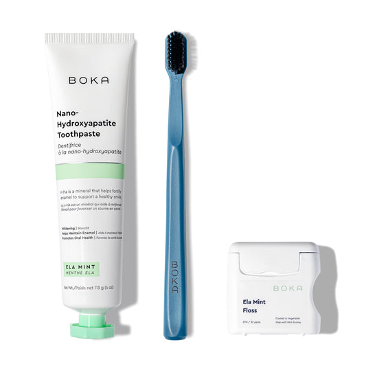 Classic Kit: nano-hydroxyapatite toothpaste, blue charcoal toothbrush & teflon-free floss.