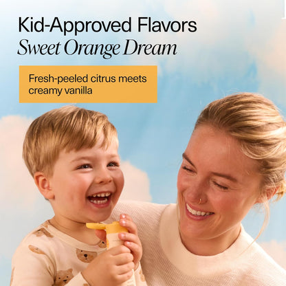 A smiling child eats ice cream with a woman; text: Orange Cream n-Ha Toothpaste, fluoride-free.