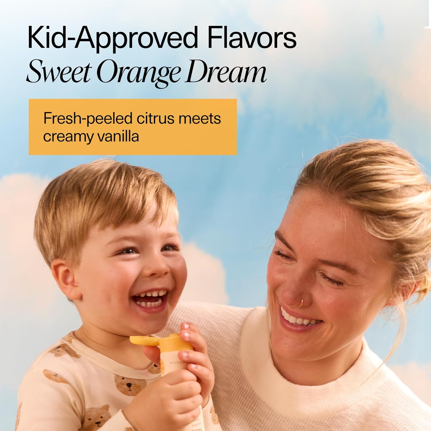 A smiling child eats ice cream with a woman; text: Orange Cream n-Ha Toothpaste, fluoride-free.