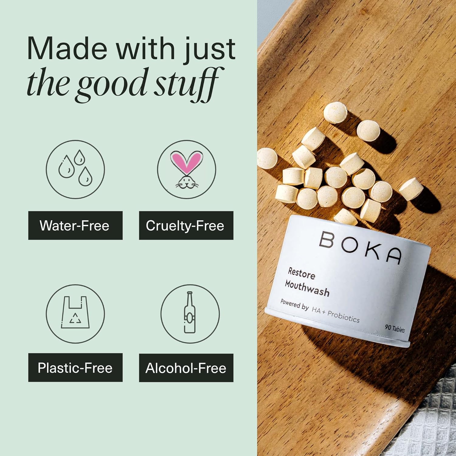 Restore Mouthwash Tablets with water-free, cruelty-free, and plastic-free benefits icons.