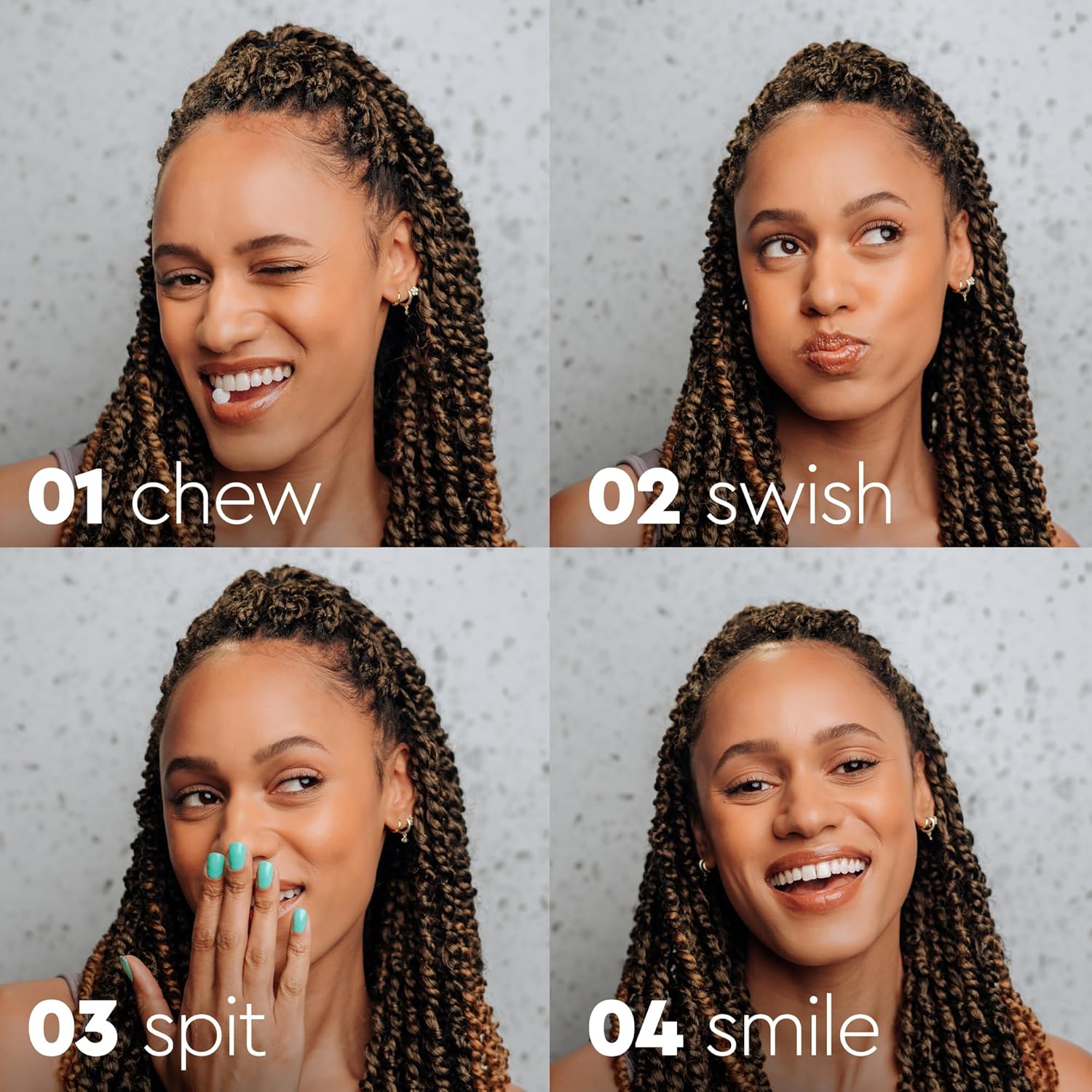 Woman with braids shows chew, swish, spit, and smile steps using Restore Mouthwash Tablets.