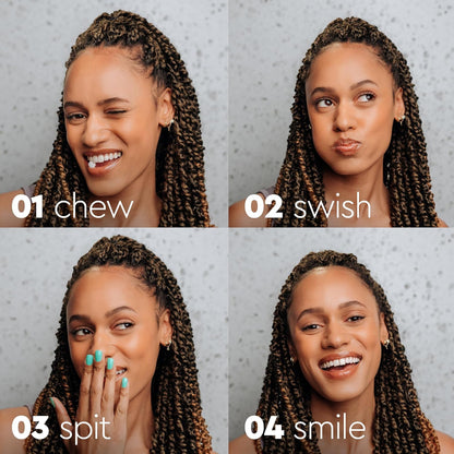 Woman with braids shows chew, swish, spit, and smile steps using Restore Mouthwash Tablets.