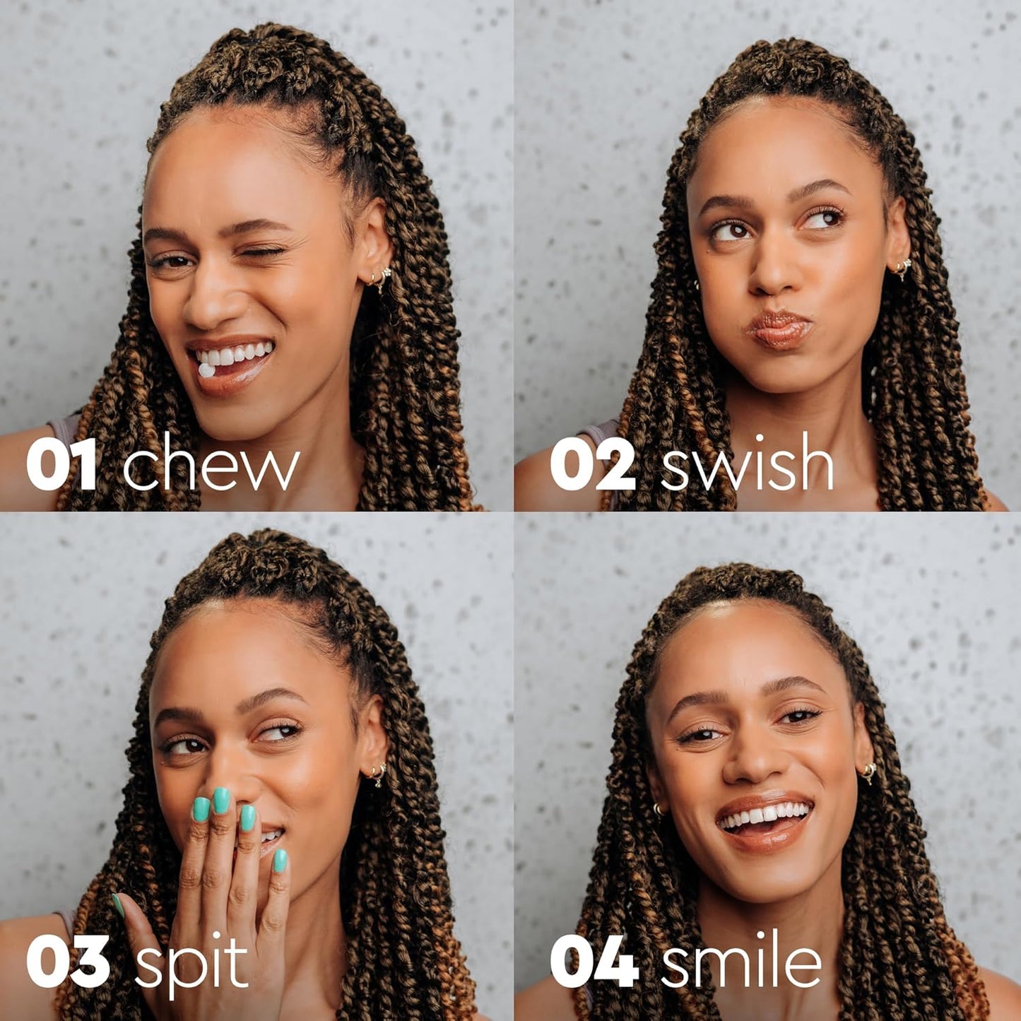 Woman with braids shows chew, swish, spit, and smile steps using Restore Mouthwash Tablets.