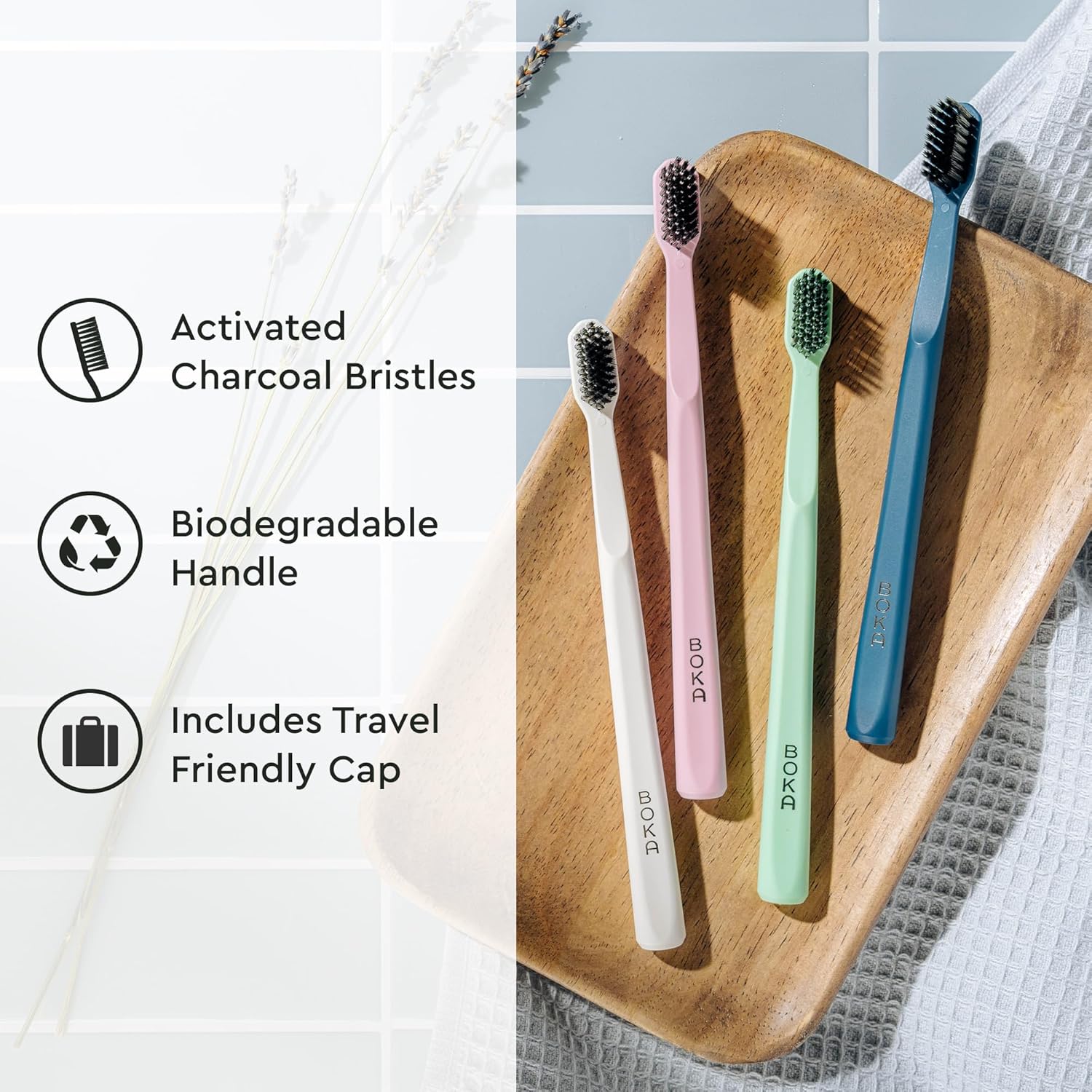 Classic Toothbrush 4-Pack: Four colorful brushes with gentle, charcoal bristles on a tray.