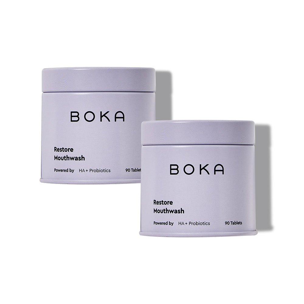 Two lavender Restore Mouthwash Tablets, 90 HA + probiotic tablets per container.