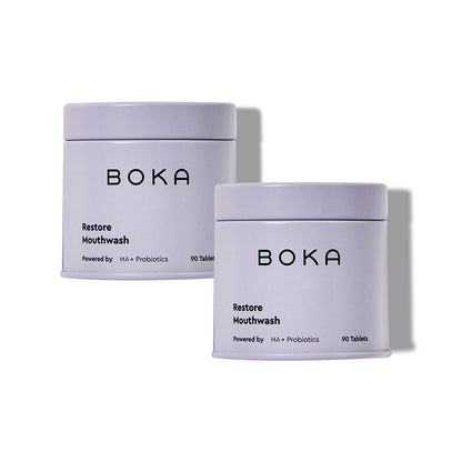 Two lavender Restore Mouthwash Tablets, 90 HA + probiotic tablets per container.