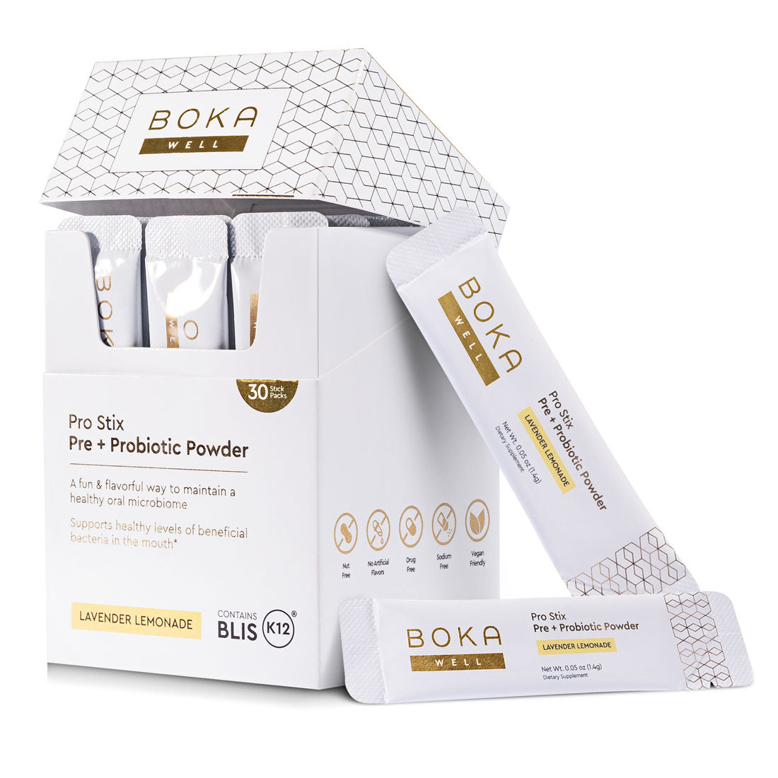 Pro Stix Pre + Probiotic Powder, lavender lemonade flavor, in single-serve packets for daily wellness.