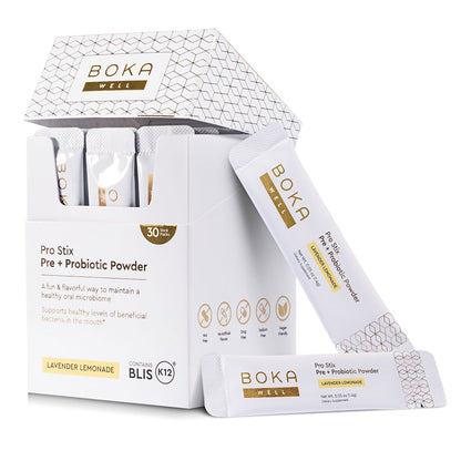 Pro Stix Pre + Probiotic Powder, lavender lemonade flavor, in single-serve packets for daily wellness.
