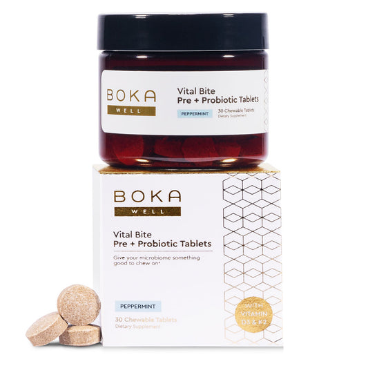 Vital Bite Pre + Probiotic Tablets for healthy gums, in jar and box, with tablets displayed in front.