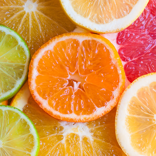 Close-up of sliced citrus fruits, including orange, lime, lemon, and grapefruit, overlapping each other.