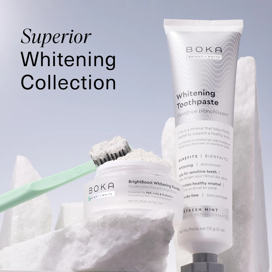 BrightBoost Whitening Powder for superior enamel health and whitening, includes toothpaste and toothbrush.