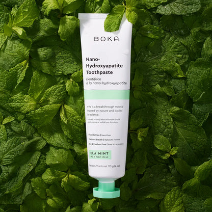 A tube of Ela Mint n-Ha Toothpaste rests on fresh mint, elevating your daily oral care.