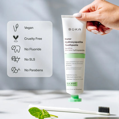 A hand holds Ela Mint n-Ha Toothpaste—vegan, cruelty-free oral care with nano-hydroxyapatite benefits.