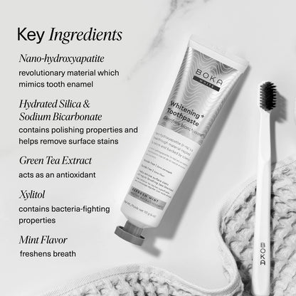 Refresh Mint Whitening* n-Ha Toothpaste and brush on light backdrop, with peroxide-free ingredients.