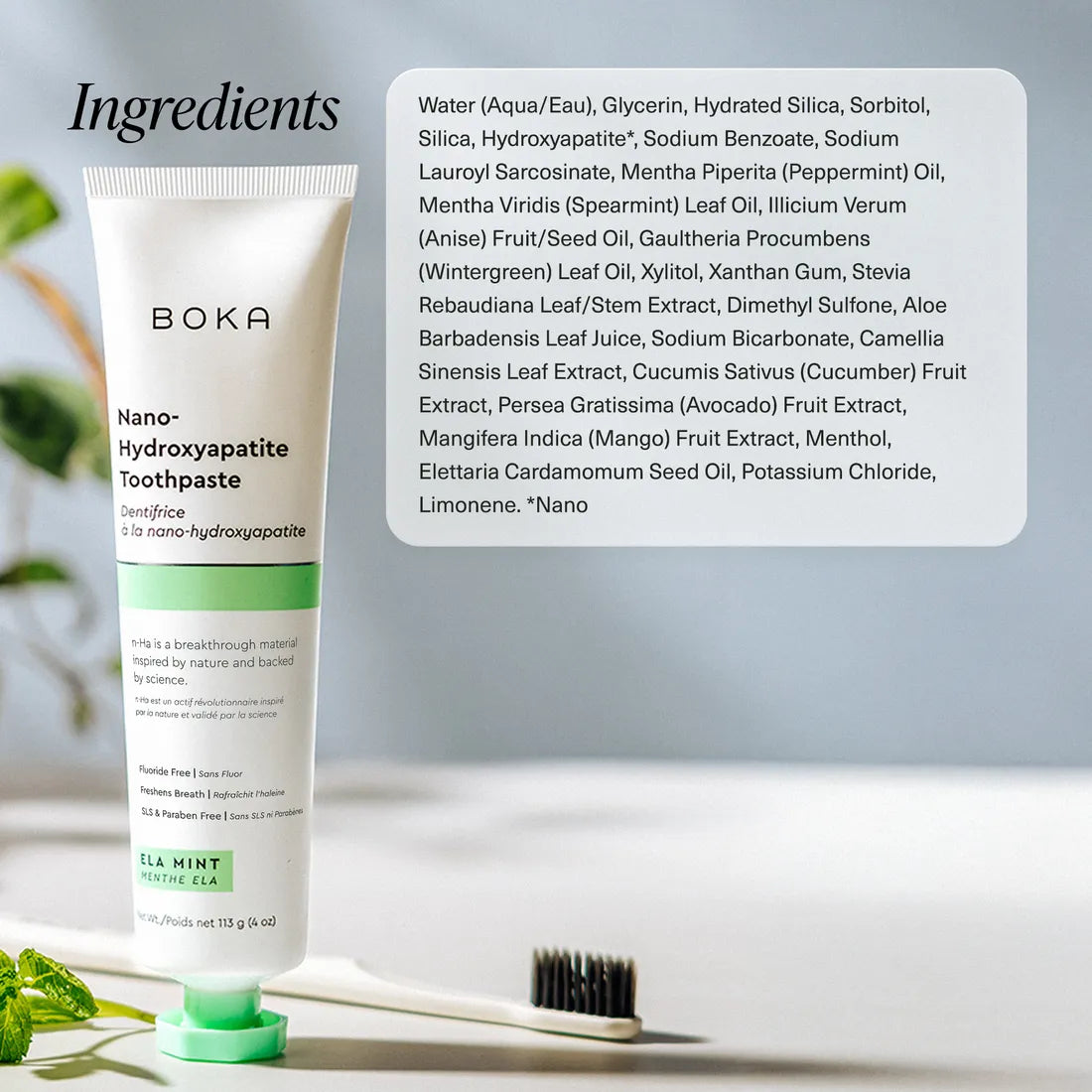 A tube of Ela Mint n-Ha Toothpaste stands by a toothbrush, elevating your oral care routine.