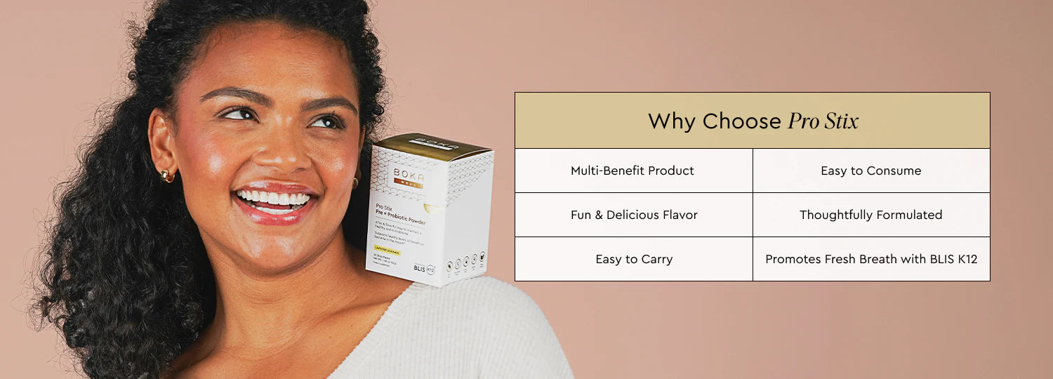Smiling woman with Pro Stix box; chart lists benefits like easy to consume and fresh breath.