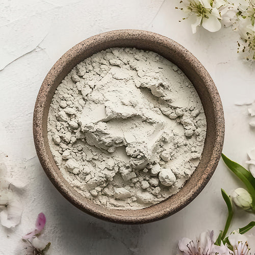 A clay bowl filled with white powder, surrounded by white flowers on a light surface.