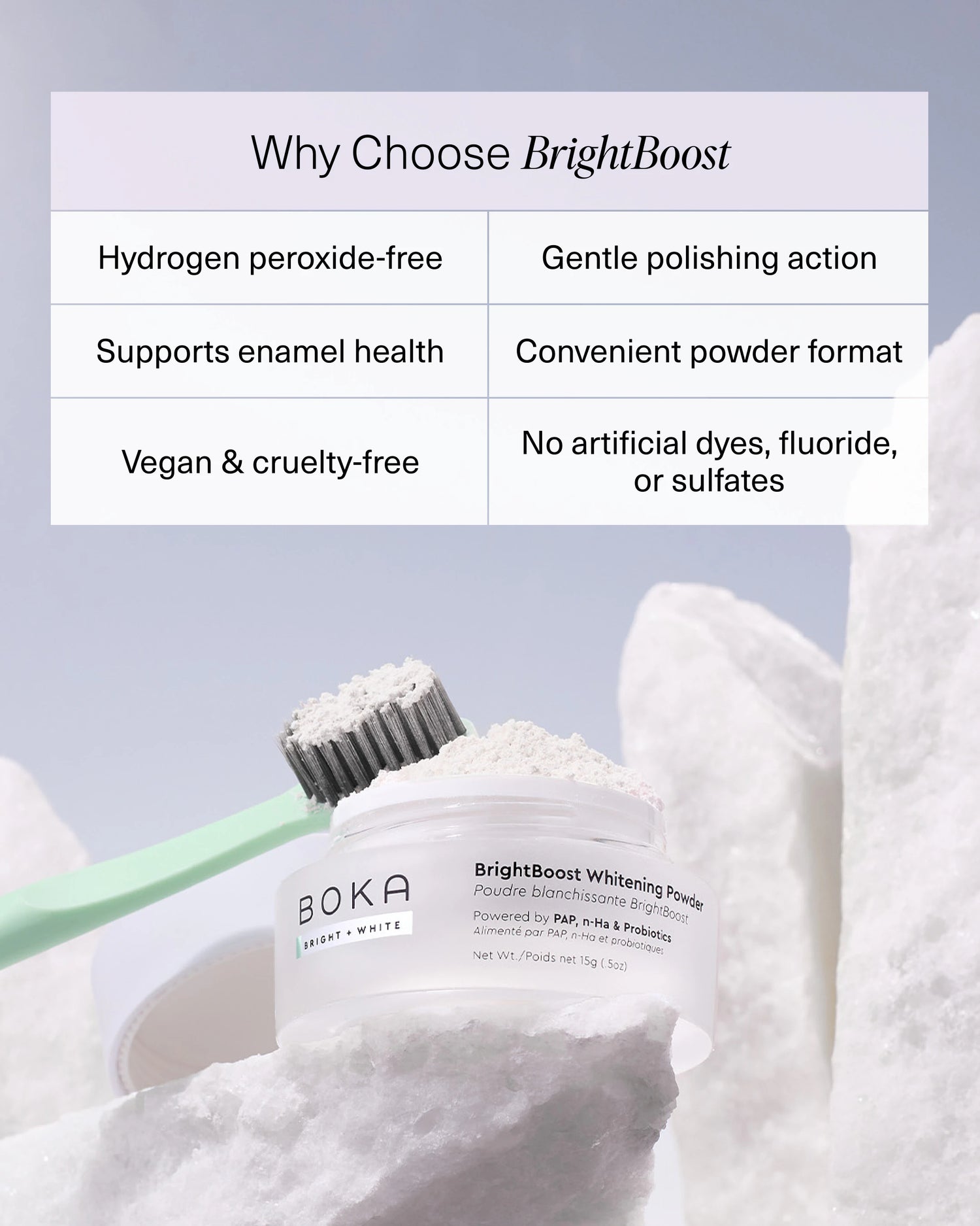 A toothbrush with whitening powder, plus a chart listing BrightBoost’s key benefits and features.