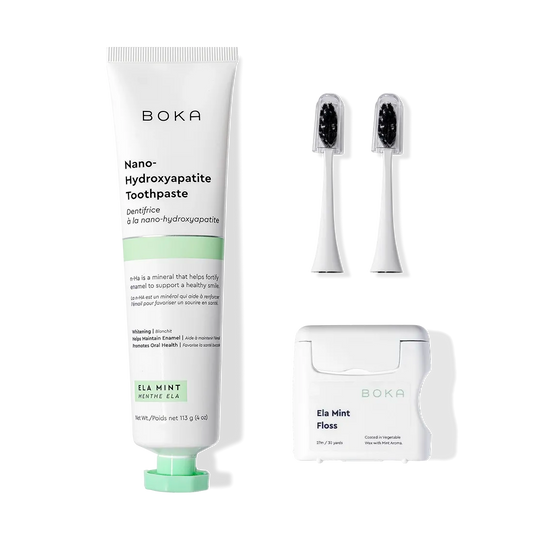 Boka Kit Refill, featuring brush heads, n-Ha toothpaste, and floss on a white background.