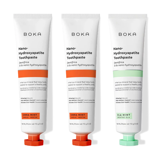 Cinna Mint 3 Pack Nano (n-Ha) Toothpaste to remineralize teeth, in orange, red, and green caps.