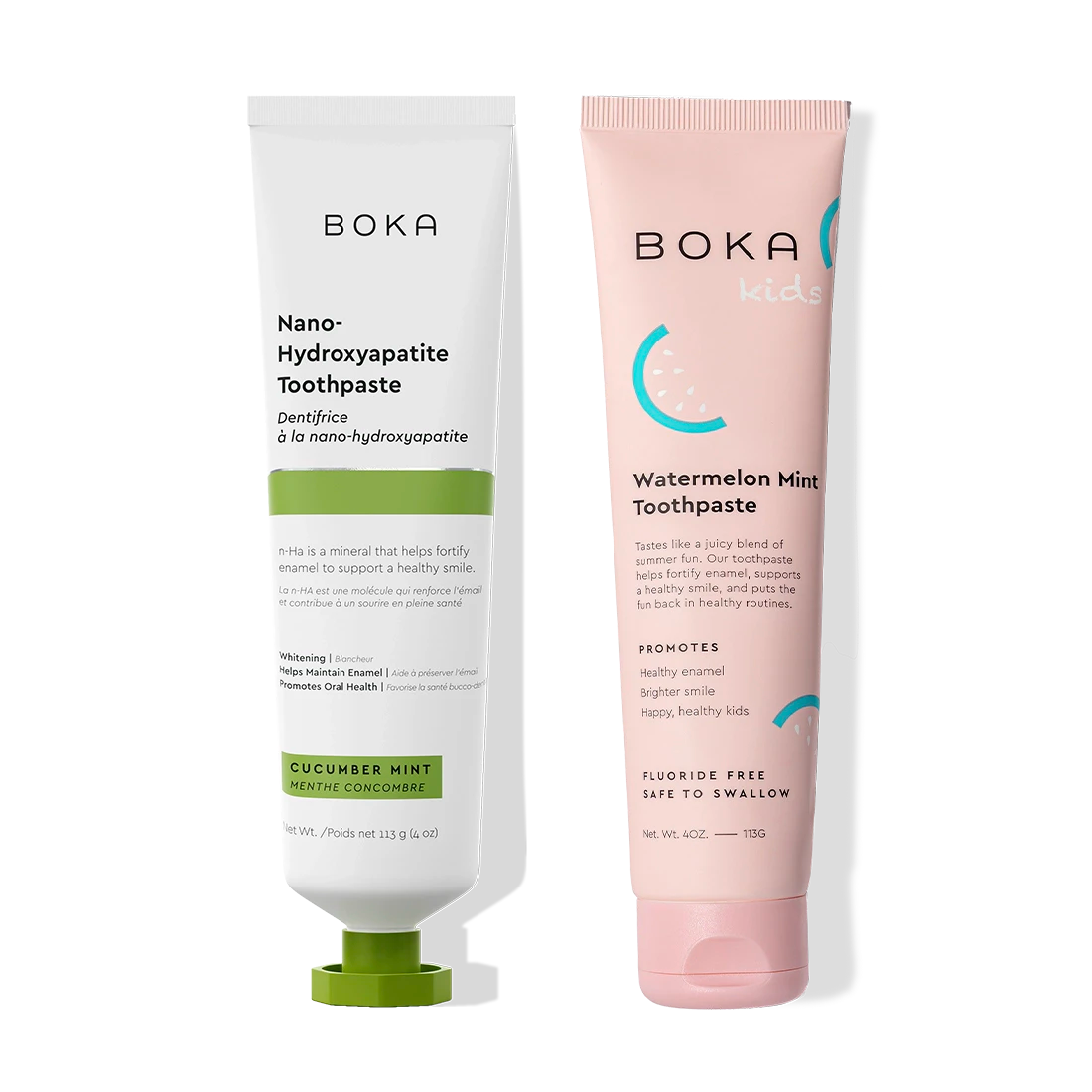 Boka n-Ha Toothpaste 2-Pack: Cucumber Mint for adults, Watermelon Mint for kids, side by side.