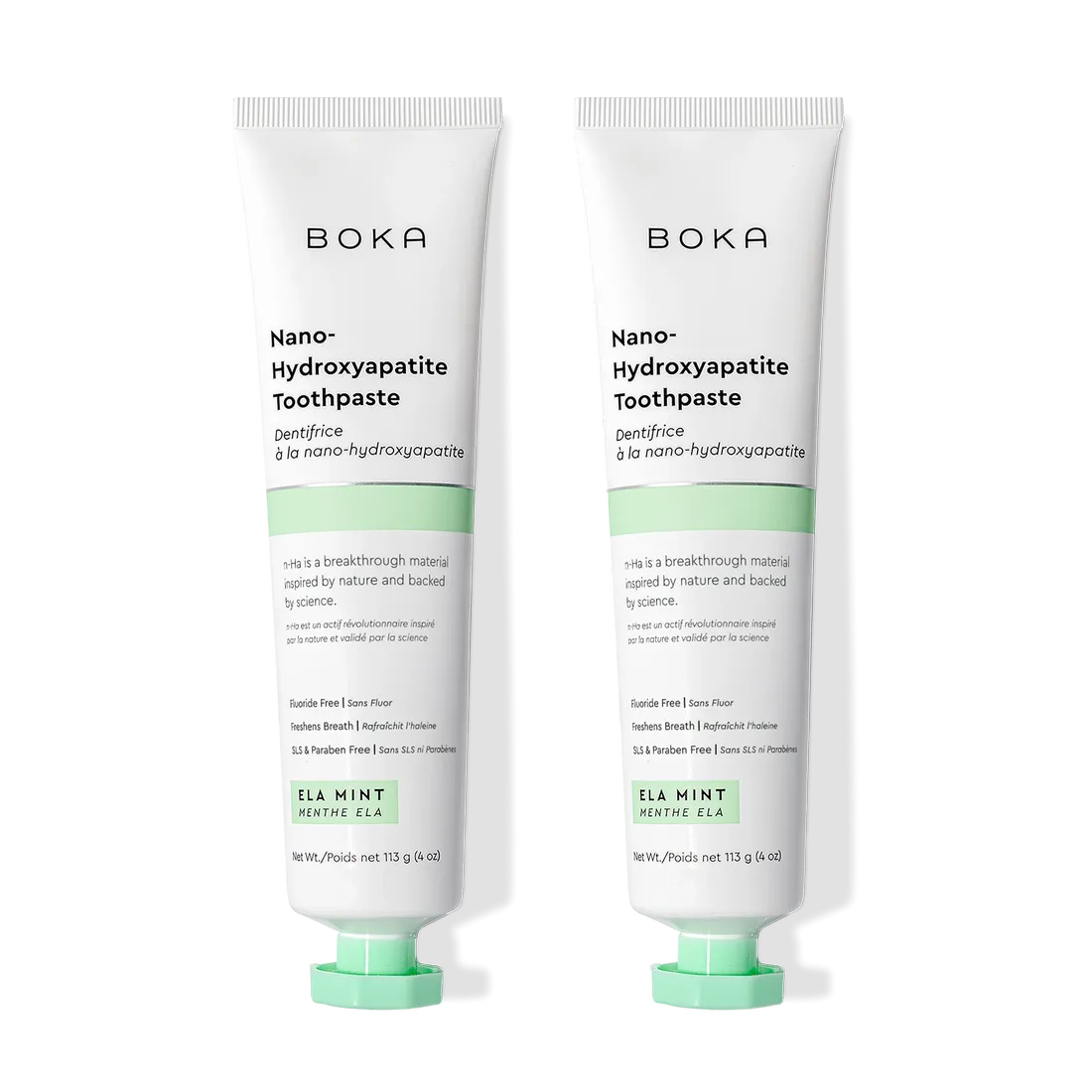 Two tubes of Ela Mint n-Ha Toothpaste for advanced biomimetic mineral oral care.