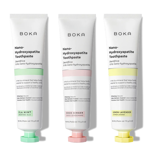 N-Ha Toothpaste 3-Pack: oral care with nano-hydroxyapatite and unique flavors in each tube.