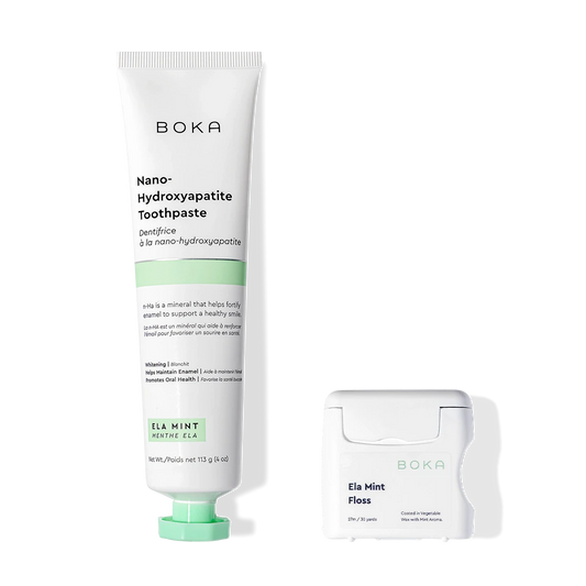 Essentials Duo toothpaste and floss set for enamel fortification, displayed on a white background.