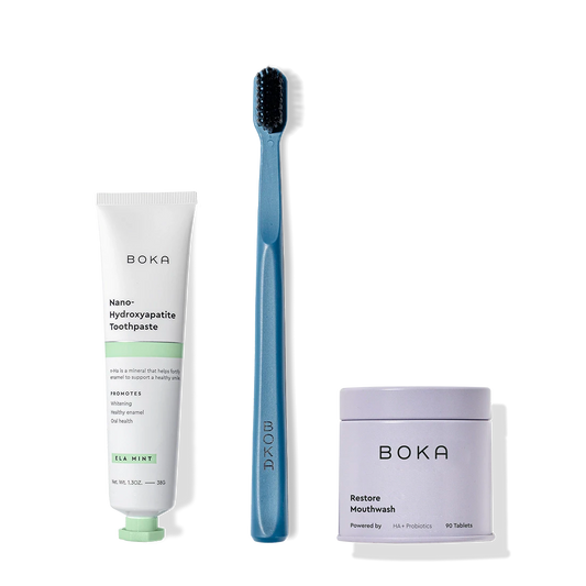 Fresh on the Go: nano-hydroxyapatite toothpaste, blue charcoal toothbrush, and mouthwash tablets.
