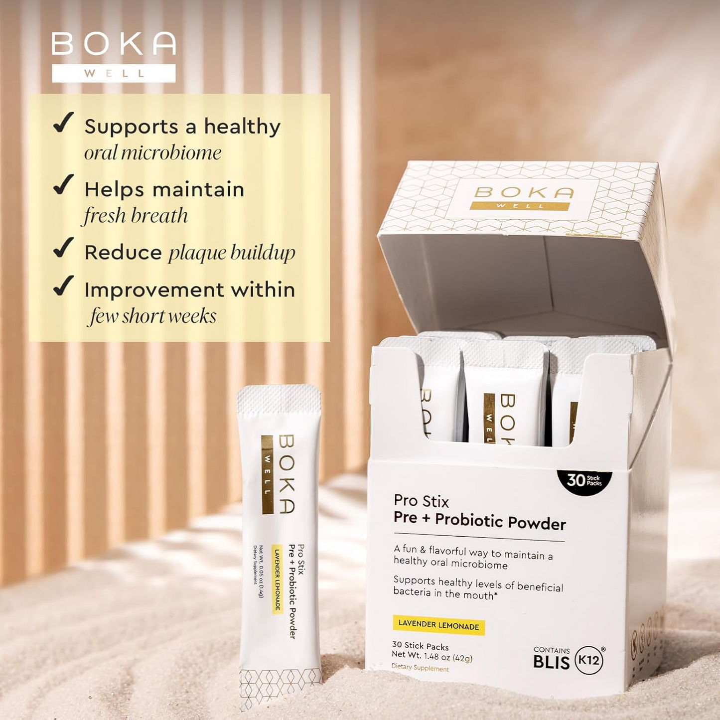 Pro Stix Pre + Probiotic Powder box and stick packs displayed on a beige surface.