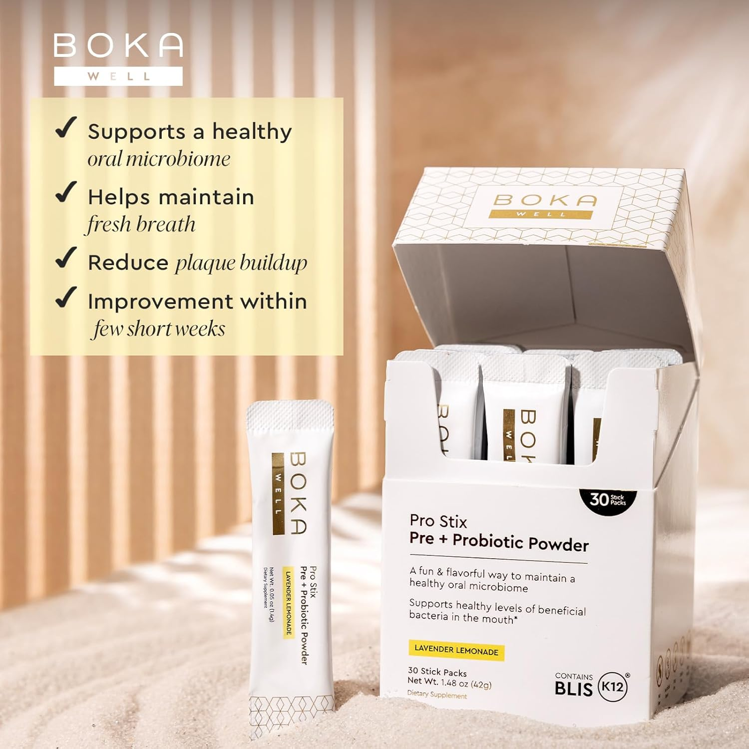 Pro Stix Pre + Probiotic Powder box and stick packs displayed on a beige surface.