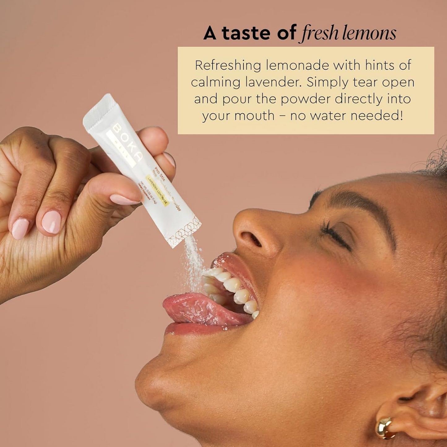A woman pours Pro Stix Pre + Probiotic Powder into her mouth against a yellow background.