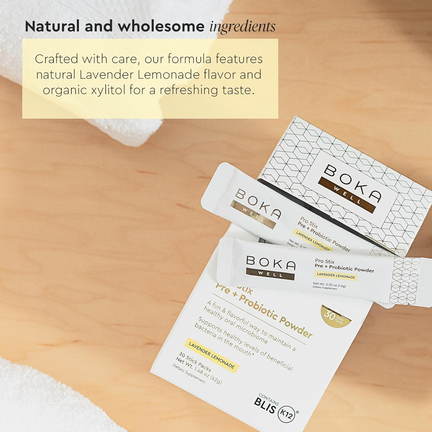 Pro Stix Pre + Probiotic Powder in lavender lemonade flavor on a light surface.