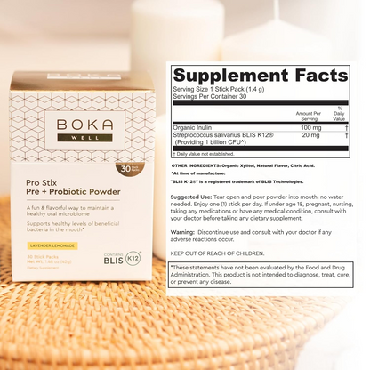 Pro Stix Pre + Probiotic Powder box with dental probiotics label on a light surface.