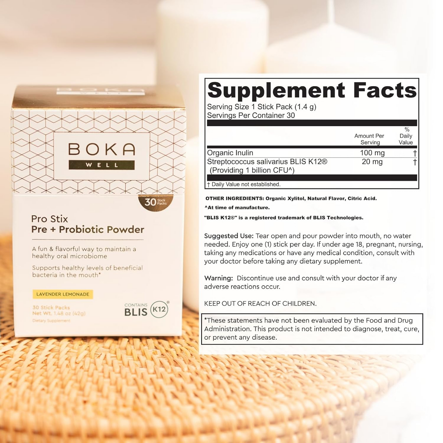 Pro Stix Pre + Probiotic Powder box with dental probiotics label on a light surface.