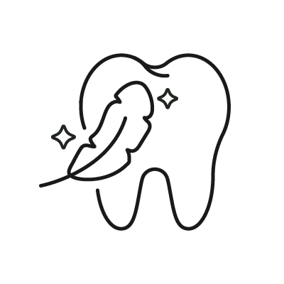 Simple black outline of a tooth with a leaf in front, symbolizing dental health and natural care.
