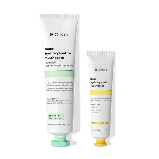 Two Home & Away toothpastes to fortify enamel—Ela Mint and Lemon Lavender flavors.
