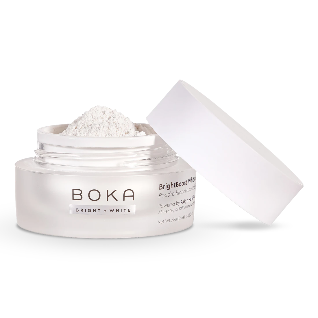 A white jar of BrightBoost Whitening Powder, with Nano-hydroxyapatite for enamel health.
