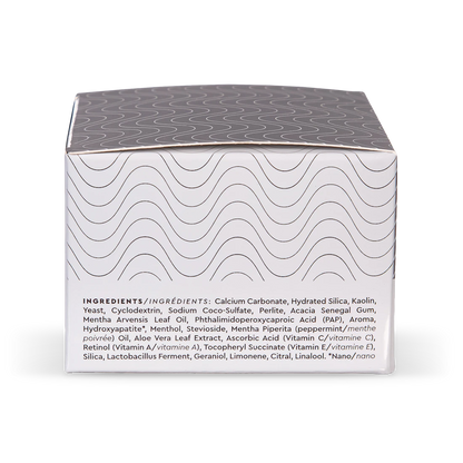 A box with a wavy line pattern featuring BrightBoost Whitening Powder and enamel health ingredients.