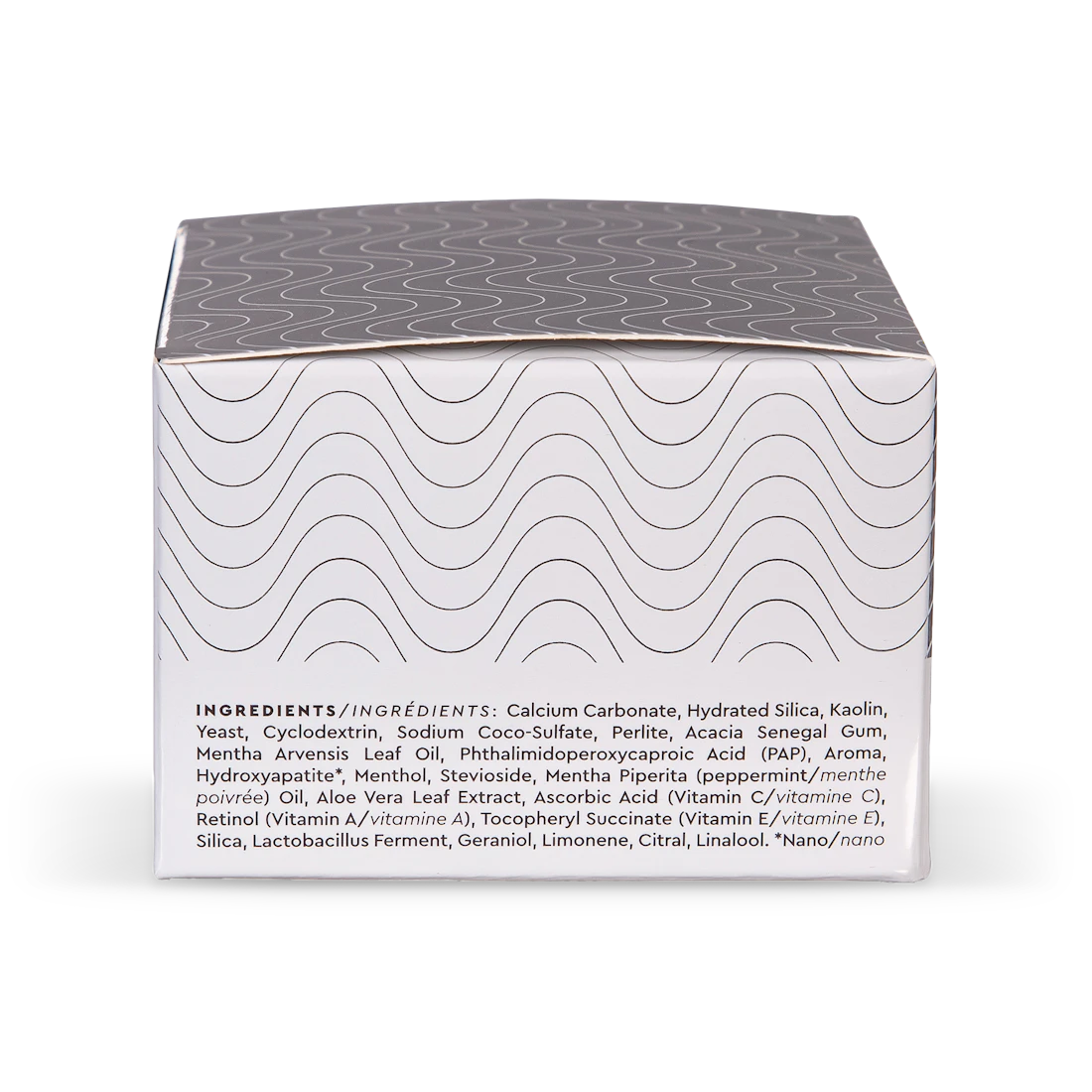 A box with a wavy line pattern featuring BrightBoost Whitening Powder and enamel health ingredients.