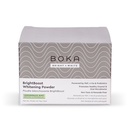 BrightBoost Whitening Powder whitens with nano-hydroxyapatite; lemongrass mint flavor for enamel health.