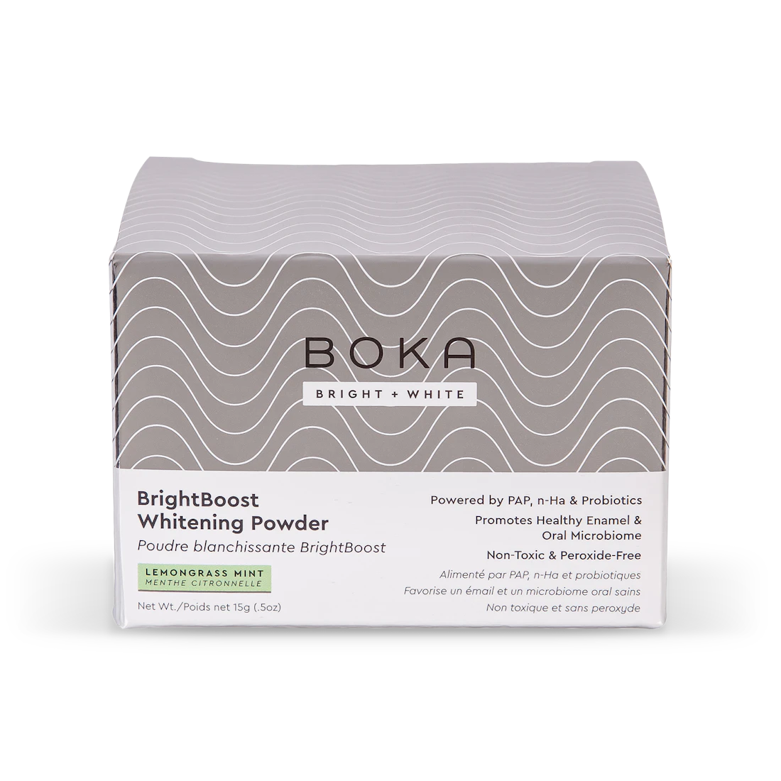 BrightBoost Whitening Powder whitens with nano-hydroxyapatite; lemongrass mint flavor for enamel health.