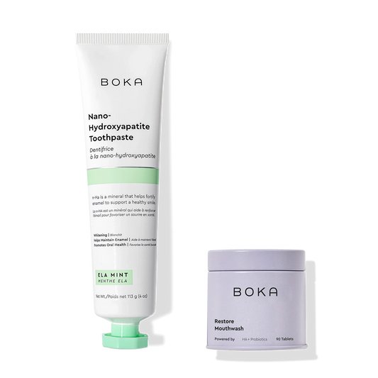 Mighty Duo toothpaste and mouthwash set displayed on a white background.