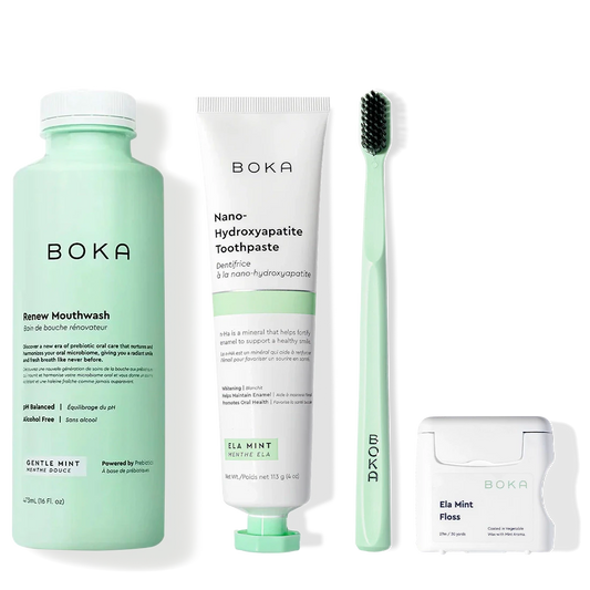 Minty Fresh set with probiotic mouthwash, nano-hydroxyapatite toothpaste, and mint green packaging.