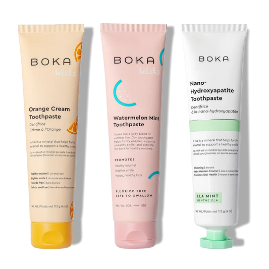 N-Ha Toothpaste Family 3 Pack: kid-approved flavors with nano-hydroxyapatite for healthy brushing.