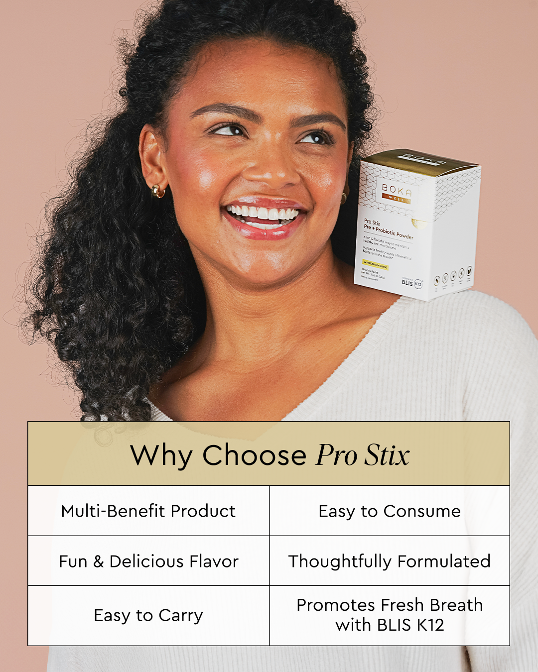 Smiling woman next to Pro Stix box; chart lists benefits like flavor, easy use, and fresh breath.