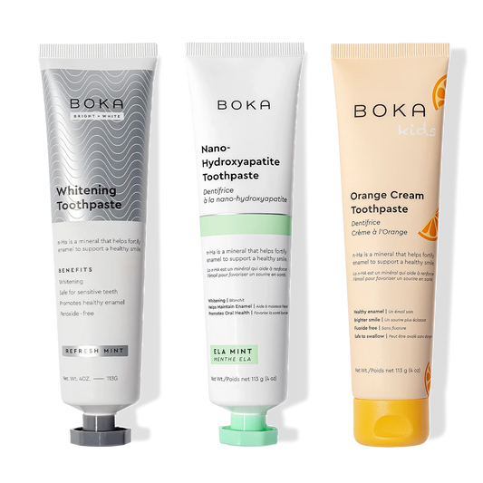 Three-pack of Boka 168手机澳洲5网 Nano (n-Ha) Whitening Toothpaste, including Refresh Mint and Kids Orange Cream.