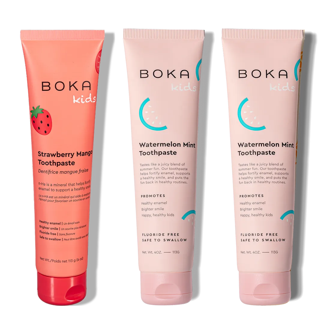 N-Ha Toothpaste Family 3 Pack: Strawberry, Mango, and Watermelon Mint flavors for healthy brushing habits.