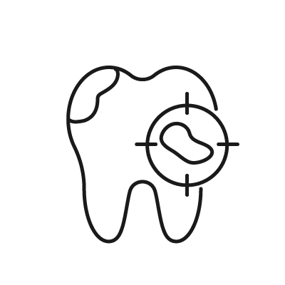 Black outline of a tooth with a checkmark badge on the right side, indicating dental approval.