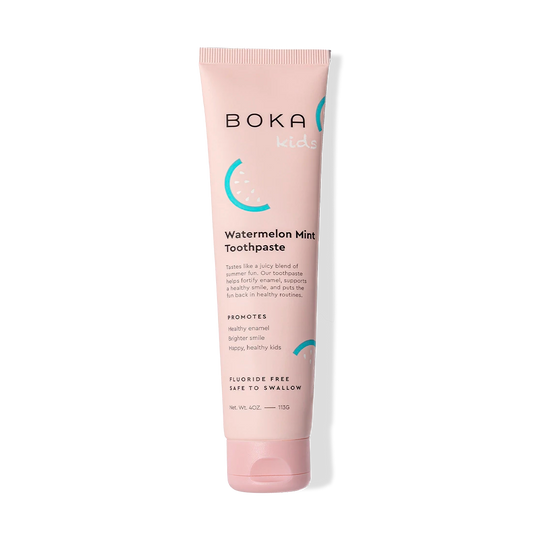 Watermelon Mint n-Ha Toothpaste: pink tube, remineralizes kids’ teeth, watermelon-mint flavor.